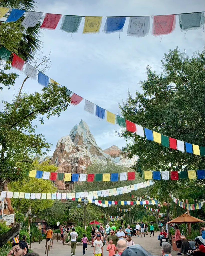 Expedition Everest in the background with some banners in the foreground