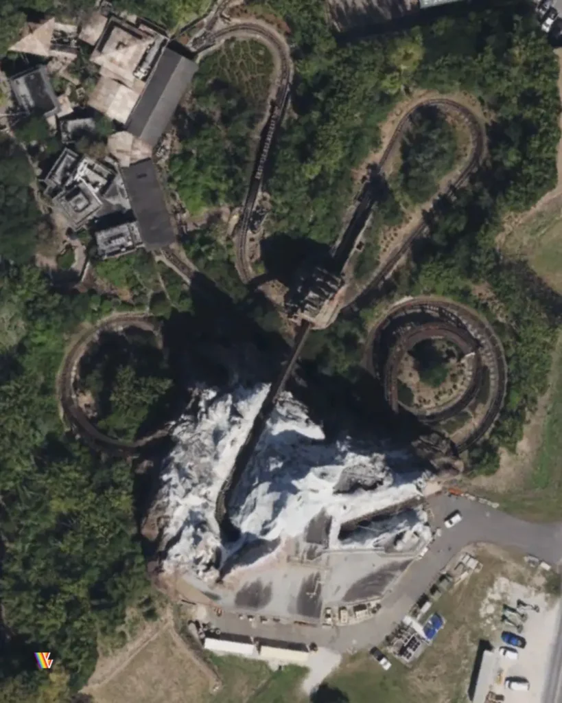 View of Expedition Everest from above, showing its shape as a hidden Mickey