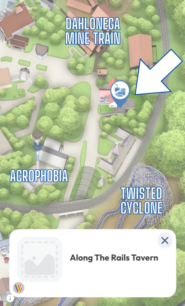 Arrow pointing to location of Along The Rails Tavern which is new for the Six Flags Over Georgia 2024 season