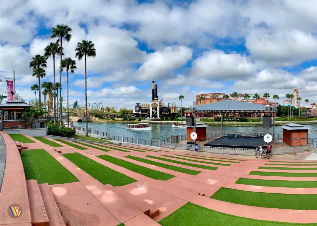 View of Universal CityWalk from concert stands, looking at Universal Parks, Hard Rock Cafe, and The Toothsome Chocolate Emporium & Savory Feast Kitchen