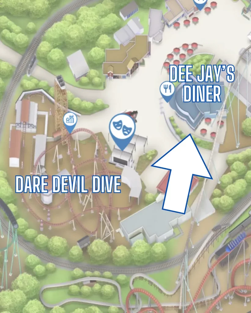 Arrow pointing to location of Dee Jay's Diner on map of Six Flags Over Georgia