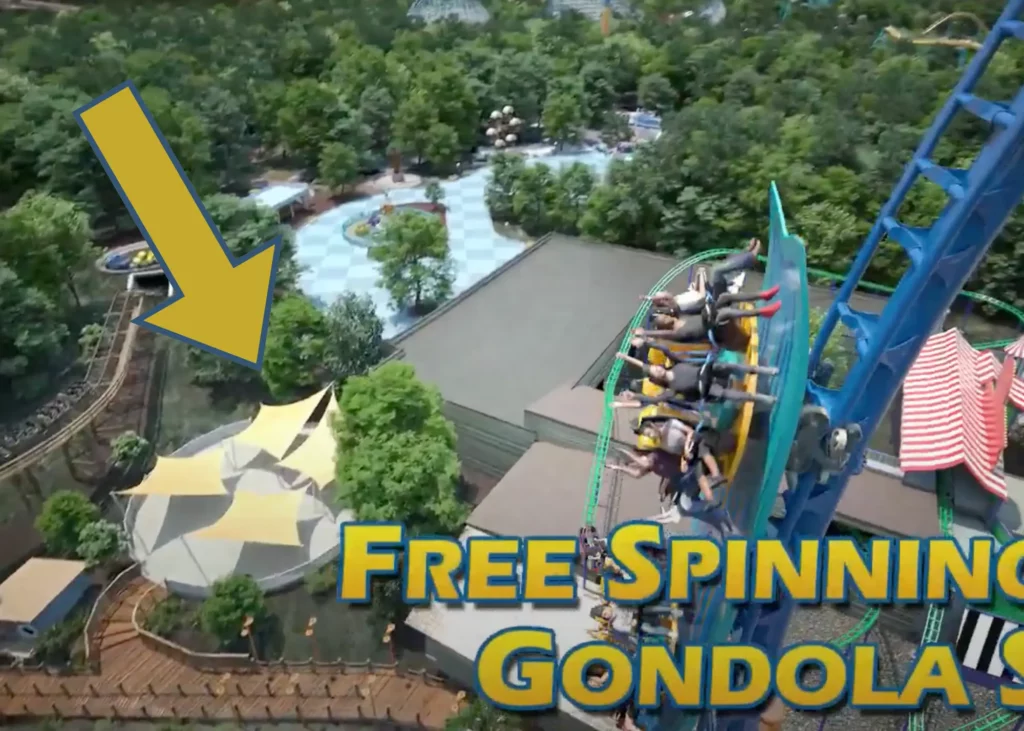 Georgia Surfer animation with arrow pointing to possible extended queue area next to ride