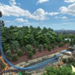 Animated rendering of Georgia Surfer roller coaster opening for the Six Flags Over Georgia 2024 season. Other rides like SkyScreaming, Superman Ultimate Escape, and Dahlonega Mine Train are also visible.