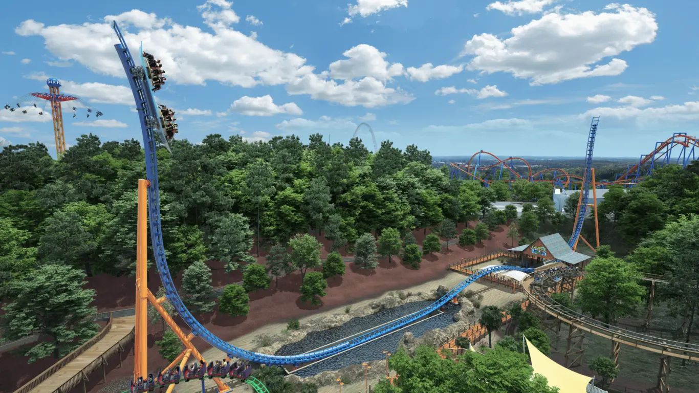 Animated rendering of Georgia Surfer roller coaster opening for the Six Flags Over Georgia 2024 season. Other rides like SkyScreaming, Superman Ultimate Escape, and Dahlonega Mine Train are also visible.