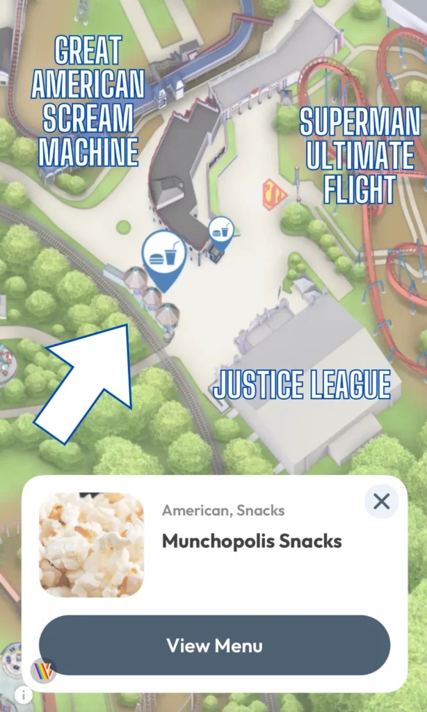 Arrow pointing to possible location of Munchopolis Beverages Bar which is new for the Six Flags Over Georgia 2024 season