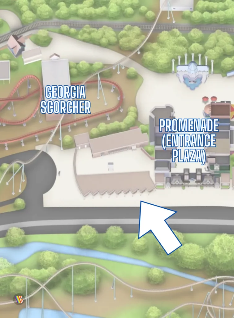 Arrow pointing to possible location of new Six Flags Universe store being built for Six Flags Over Georgia 2024 season