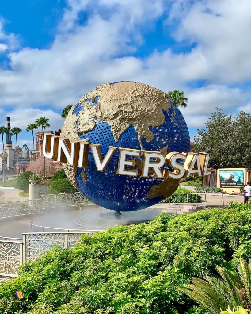 Universal globe outside Universal Studios Florida on a sunny, partly cloudy day