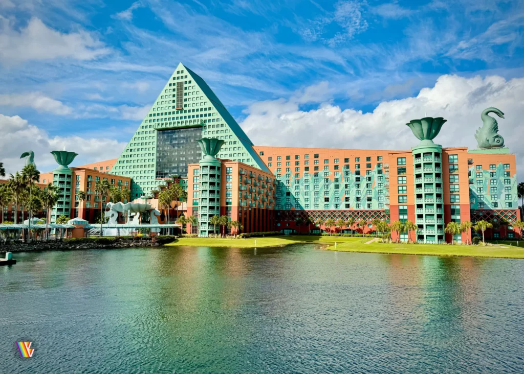 View of Walt Disney World Dolphin hotel resort from across the water on a partly cloudy day