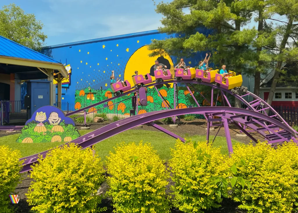 Train going over hill on Great Pumpkin Coaster at Kings Island, part of Planet Snoopy kids area