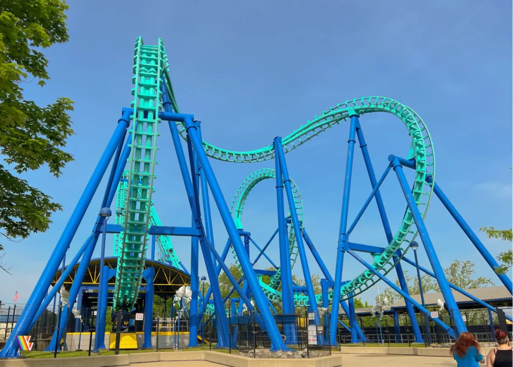 Invertigo inverted boomerang roller coaster at Kings Island from in front of the cobra roll