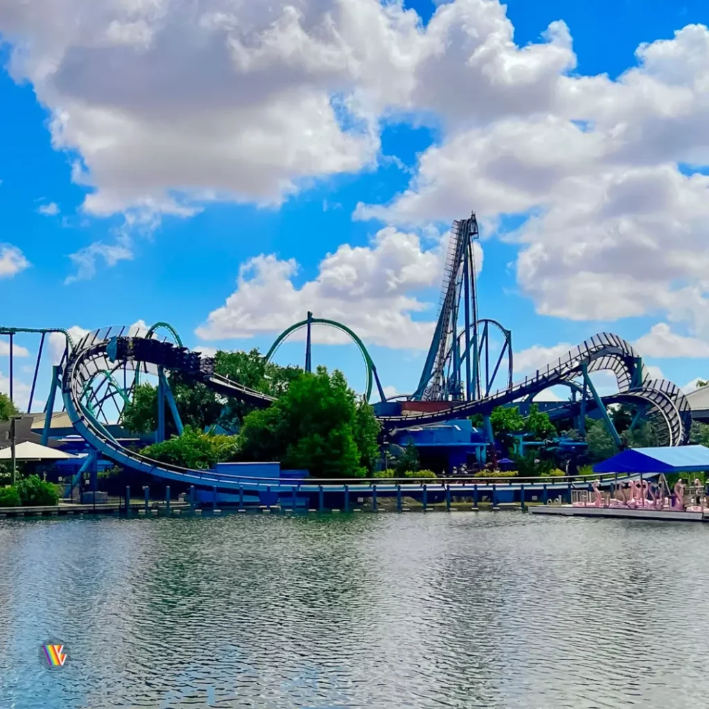 Mako, one of the fastest roller coasters in Florida, as seen from across lake on partly sunny day at SeaWorld Orlando