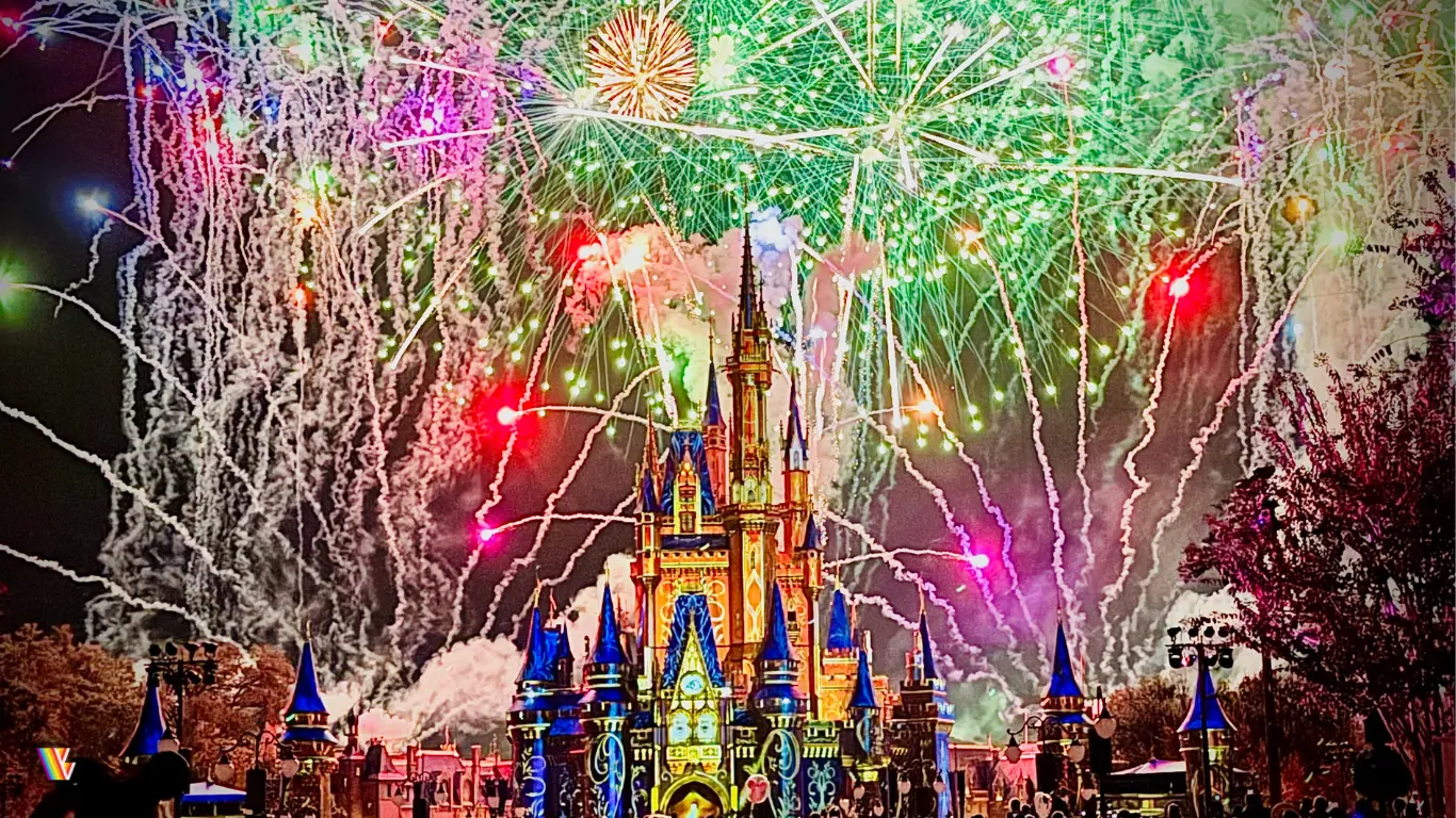 Firework finale going off around Cinderella's Castle at Magic Kingdom at Walt Disney World