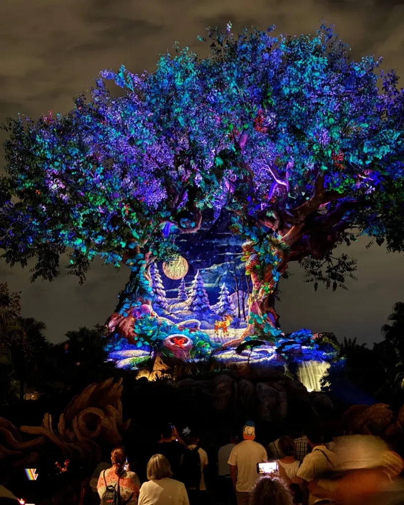 Tree of Life with Christmas projection at night at Disney's Animal Kingdom at Walt Disney World