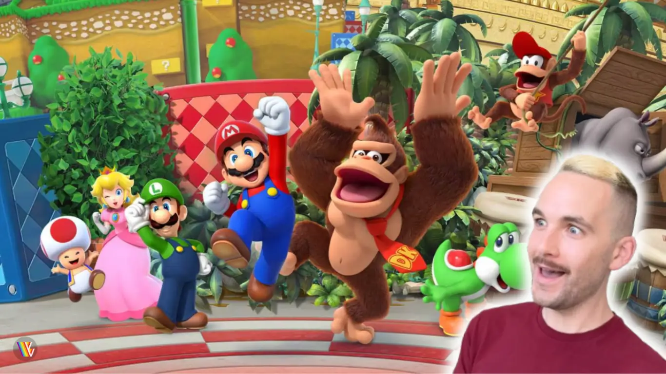 Screenshot of characters from Super Mario franchise in front of Super Nintendo World with overlay of light skinned man excited over it